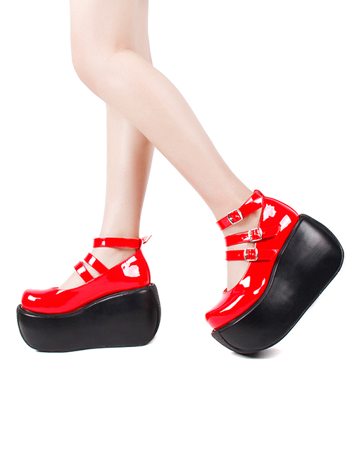 Simple Red Big Round Toe Square Buckle Belt Decoration Classic Lolita Platform Shoes
