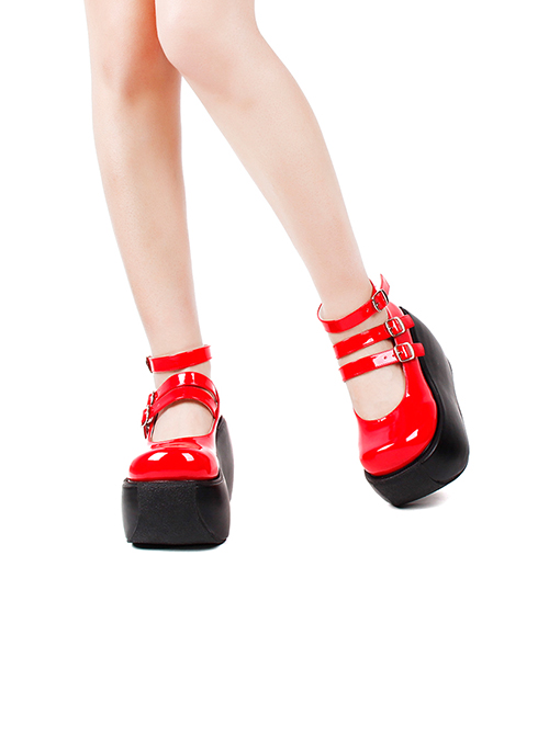 Simple Red Big Round Toe Square Buckle Belt Decoration Classic Lolita Platform Shoes