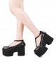 Pure Black Round Head Angel Wings Decorative Embroidered Cross Classic Lolita Platform Princess Shoes