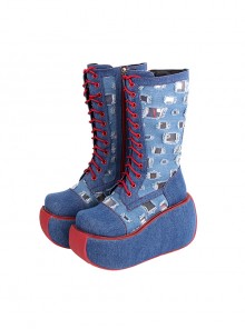 Blue Beggar Denim Stitching Hollow Hole High Top Cross Strap Design Punk Lolita Platform Zip Boots