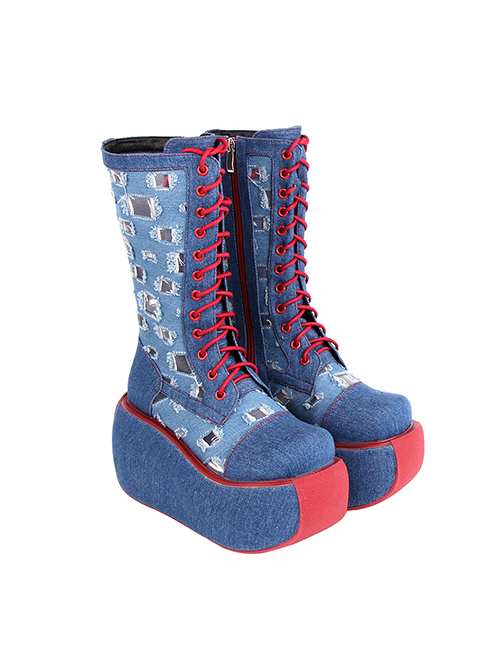 Blue Beggar Denim Stitching Hollow Hole High Top Cross Strap Design Punk Lolita Platform Zip Boots