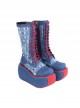 Blue Beggar Denim Stitching Hollow Hole High Top Cross Strap Design Punk Lolita Platform Zip Boots