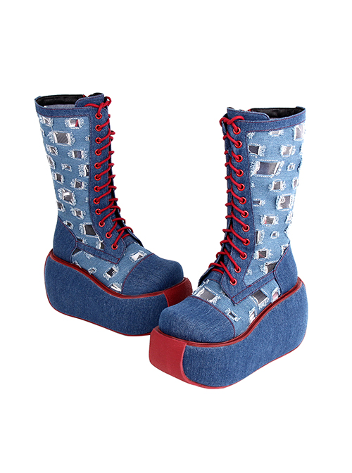 Blue Beggar Denim Stitching Hollow Hole High Top Cross Strap Design Punk Lolita Platform Zip Boots
