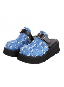 Blue Beggar Denim Stitching Big Round Head Design Square Buckle Belt Trim Punk Platform Shoes