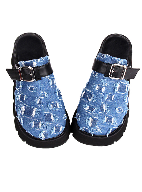 Blue Beggar Denim Stitching Big Round Head Design Square Buckle Belt Trim Punk Platform Shoes