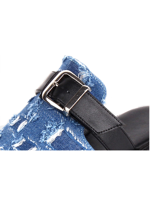 Blue Beggar Denim Stitching Big Round Head Design Square Buckle Belt Trim Punk Platform Shoes