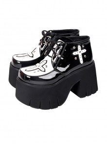 Black Classic Lolita Patchwork White Cross Belt Trim Cross Strap Platform Shoes