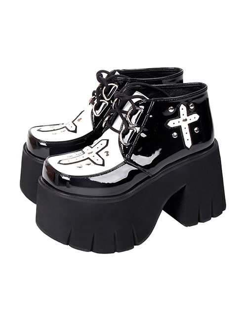 Black Classic Lolita Patchwork White Cross Belt Trim Cross Strap Platform Shoes