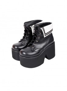 Black Classic Round Cross Strap Design Personalized White-Collar Decoration Platform Short Boots