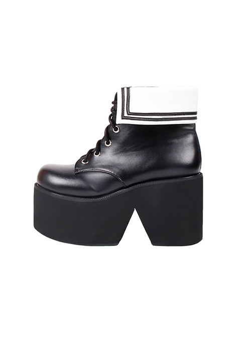 Black Classic Round Cross Strap Design Personalized White-Collar Decoration Platform Short Boots