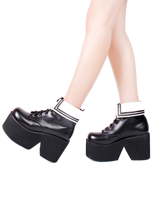 Black Classic Round Cross Strap Design Personalized White-Collar Decoration Platform Short Boots