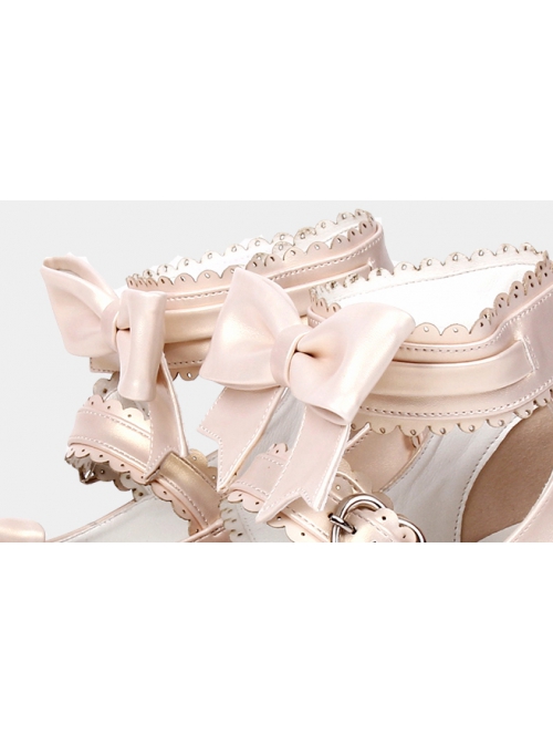 Champagne Wavy Belt Bow Knot Decoration Round Toe Chunky Heel Classic Lolita Princess Shoes