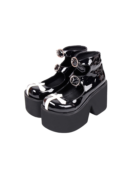 Black Punk Style White Leather Cross Pattern Decoration Round Buckle Platform Shoes