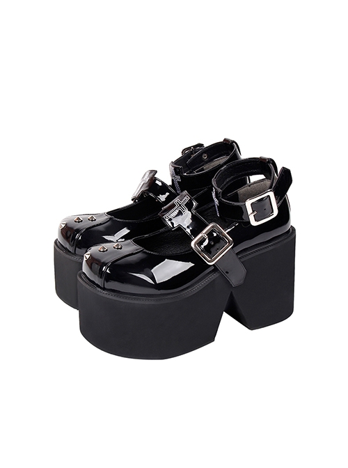 Pure Black Round Head Metal Rivet Decoration Cross Pattern Printing Punk Style Platform Lolita Shoes