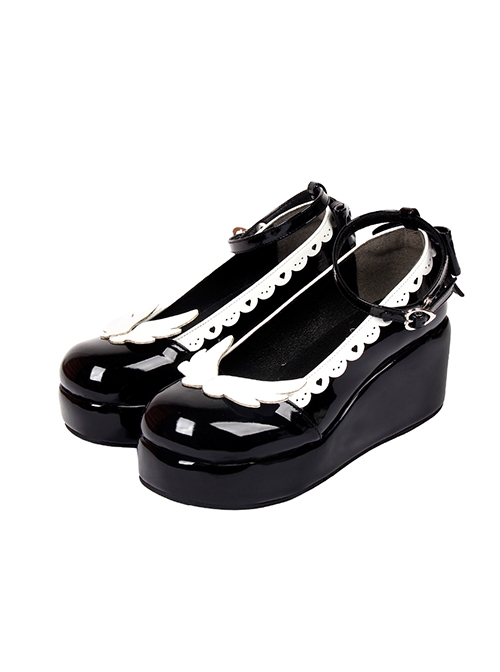 Classic Lolita Round Head White Heart Wings Decoration Black Lacquer Platform Shoes