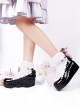 Classic Lolita Round Head White Heart Wings Decoration Black Lacquer Platform Shoes