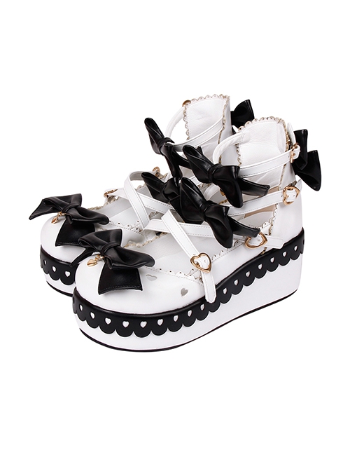 Round Head Cute Bow Knots Decoration Hollow Heart Shape Design Classic Lolita Platform Shoes