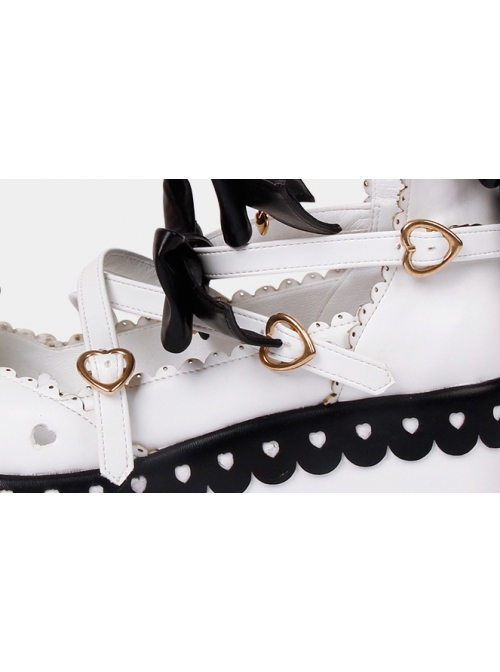 Round Head Cute Bow Knots Decoration Hollow Heart Shape Design Classic Lolita Platform Shoes