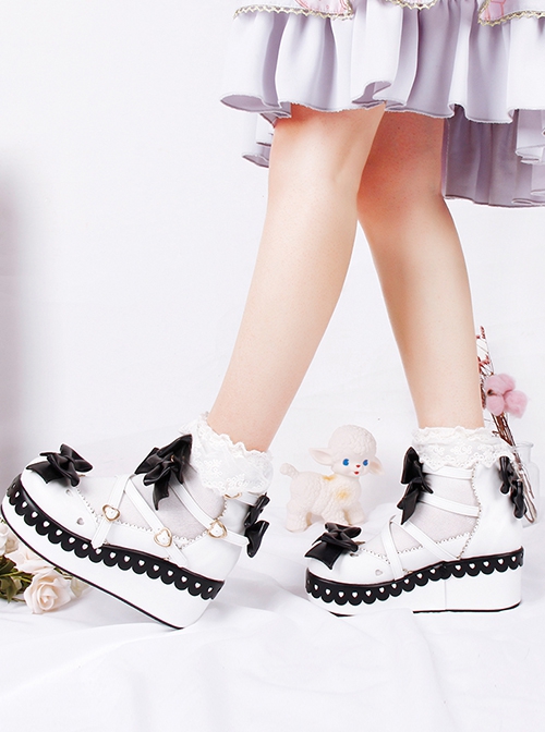 Round Head Cute Bow Knots Decoration Hollow Heart Shape Design Classic Lolita Platform Shoes