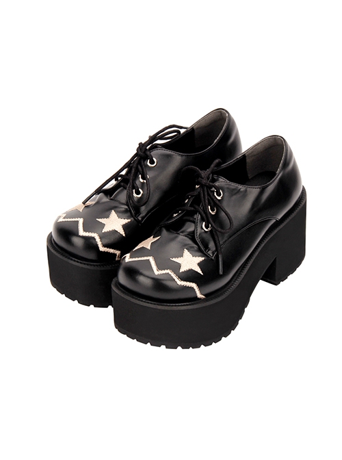 Punk Dark Black Round Head Embroidered Star Decoration Cross Straps Serrated Bottom Lolita Shoes