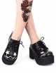 Punk Dark Black Round Head Embroidered Star Decoration Cross Straps Serrated Bottom Lolita Shoes