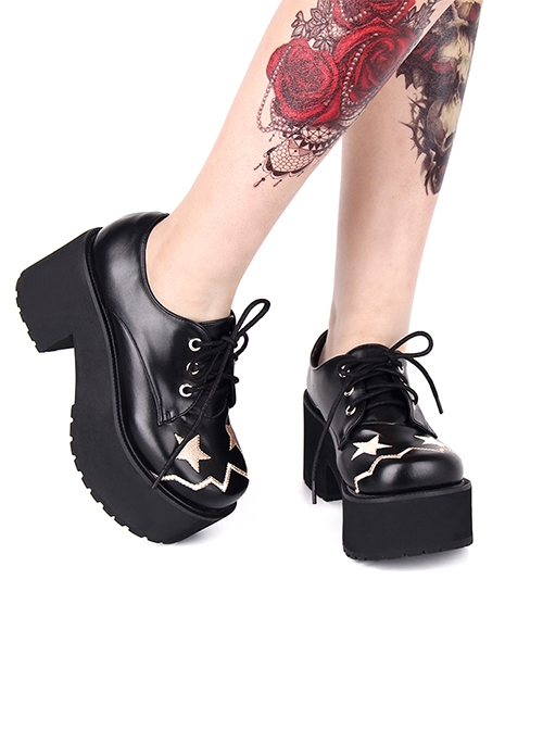 Punk Dark Black Round Head Embroidered Star Decoration Cross Straps Serrated Bottom Lolita Shoes