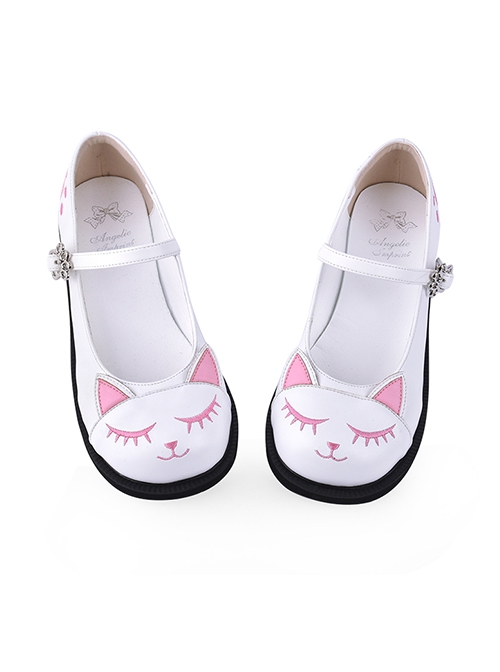 Lolita Round Head Cute Pink Cat Embroidery Metal Cat Claw Buckle Princess Shoes