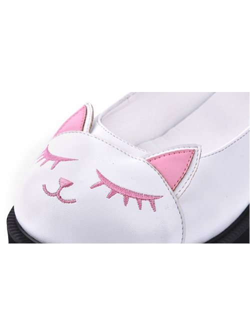 Lolita Round Head Cute Pink Cat Embroidery Metal Cat Claw Buckle Princess Shoes