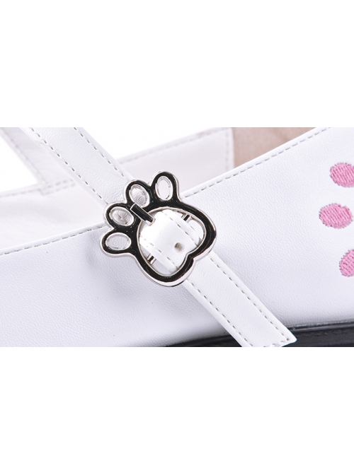 Lolita Round Head Cute Pink Cat Embroidery Metal Cat Claw Buckle Princess Shoes