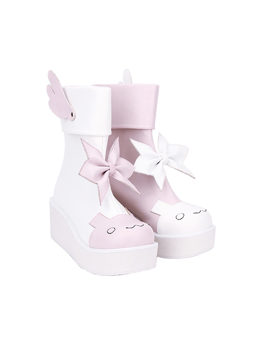 Lolita White Pink Mandarin Duck Color Matching Roundhead Cute Embroidery Decoration Leather Wing Design Winter Booties
