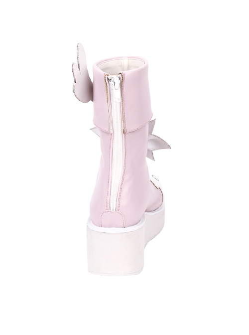 Lolita White Pink Mandarin Duck Color Matching Roundhead Cute Embroidery Decoration Leather Wing Design Winter Booties