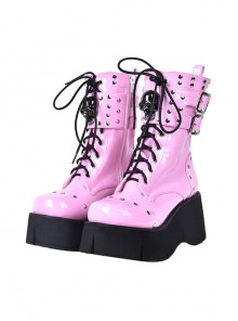 Metal Skull Decoration Gothic Lolita Rivets Design Thick Sole Straps Pink Boots