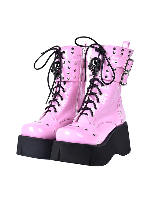 Metal Skull Decoration Gothic Lolita Rivets Design Thick Sole Straps Pink Boots