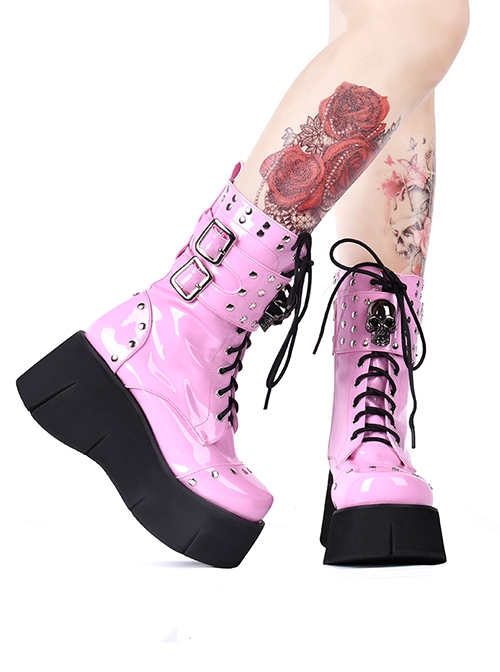 Metal Skull Decoration Gothic Lolita Rivets Design Thick Sole Straps Pink Boots