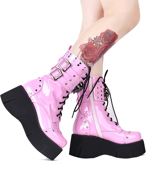 Metal Skull Decoration Gothic Lolita Rivets Design Thick Sole Straps Pink Boots