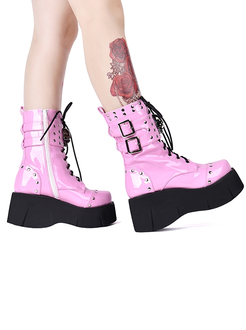 Metal Skull Decoration Gothic Lolita Rivets Design Thick Sole Straps Pink Boots