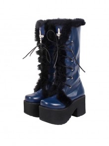 Dark Blue Cross Strap Design White Cross Metal Rivet Decoration Plush Edge Punk Lolita High Boots