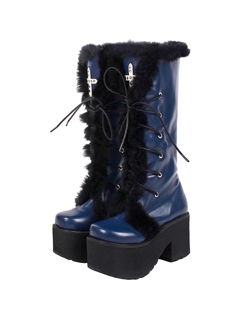 Dark Blue Cross Strap Design White Cross Metal Rivet Decoration Plush Edge Punk Lolita High Boots