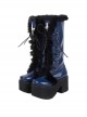 Dark Blue Cross Strap Design White Cross Metal Rivet Decoration Plush Edge Punk Lolita High Boots