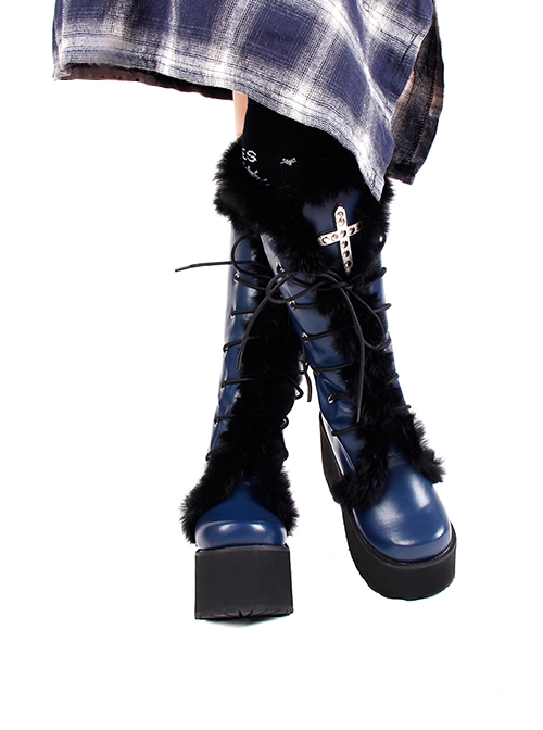Dark Blue Cross Strap Design White Cross Metal Rivet Decoration Plush Edge Punk High Boots