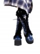 Dark Blue Cross Strap Design White Cross Metal Rivet Decoration Plush Edge Punk Lolita High Boots