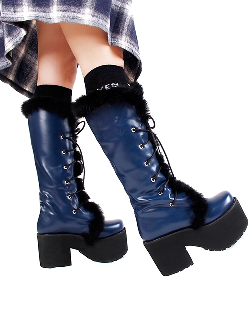 Dark Blue Cross Strap Design White Cross Metal Rivet Decoration Plush Edge Punk Lolita High Boots