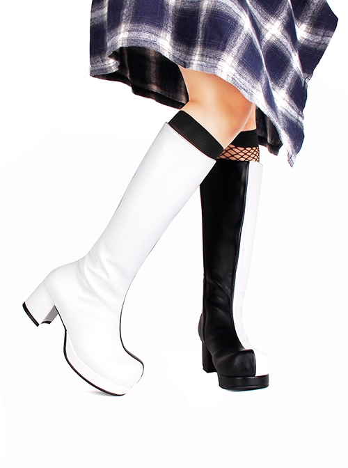 Gothic Big Round Head Black And White Personality Zipper Tall Boots 