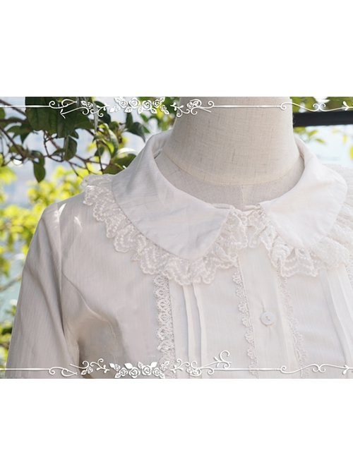 White Cotton Crinkle Lace Cute Doll Neckline Classic Lolita Long Sleeve Shirt