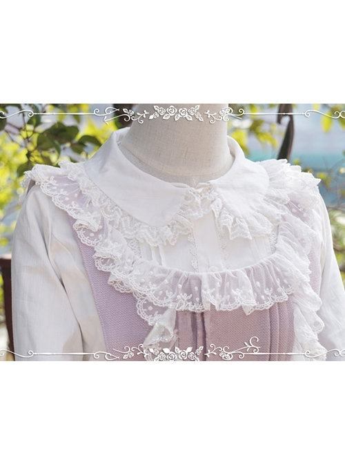 White Cotton Crinkle Lace Cute Doll Neckline Classic Lolita Long Sleeve Shirt