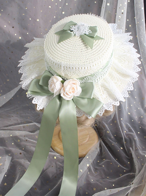 Classic Lolita Sweet Bow Knot Decoration French-Style White Ruffled Lace Sun Hat