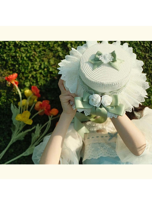 Classic Lolita Sweet Bow Knot Decoration French-Style White Ruffled Lace Sun Hat