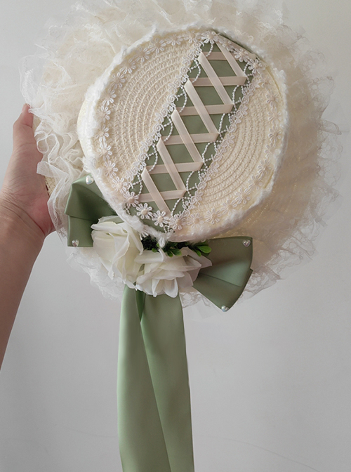 Lace Flower Decorative Folds Lace Brim Cross Straps Classic Lolita Sun Hat