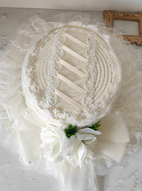 Lace Flower Decorative Folds Lace Brim Cross Straps Classic Lolita Sun Hat