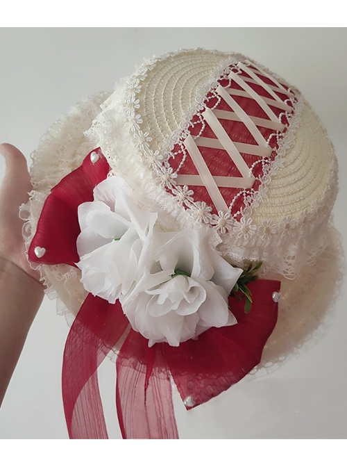 Lace Flower Decorative Folds Lace Brim Cross Straps Classic Lolita Sun Hat